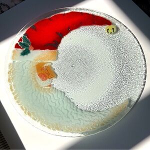 Vintage Peggy Karr Christmas Crescent Moon Santa Fused Glass Round Plate 11”